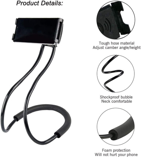 Cell Phone Stand Hanging on Neck Upgraded, Hands-Free Mobile Phone Holder Clip on Bed/Table 360° Rotation iPhone Tablet Mount Bracket, 27.6''/70 c...