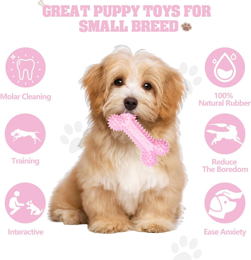 4 Pack Puppy Chew Toys for Teething Small Dogs, Pink Soft Rubber Dog Teething Toys Set for Puppies, Cute Squeaky Dog Toys for Small Breed Cleaning...