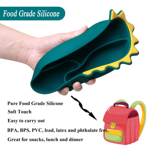 Suction Plates for Baby,Silicone Toddler Plates with Spoon Fork set Divided Dinosaurs Plates Self Feeding Training Baby Dinner Plate-Blue Dinosaur...