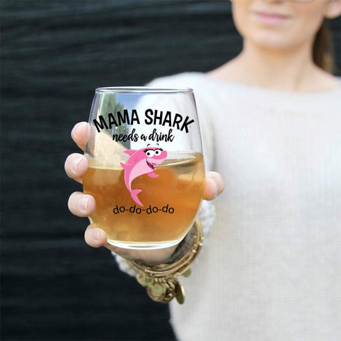 Mama Shark Needs a Drink Funny Wine Glass - Mom Gift For Birthdays, Mother's Day, Christmas, Holidays or Just Because - Stemless...