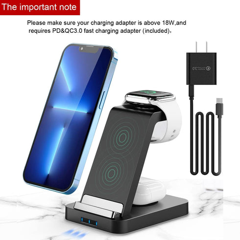 3 in 1 15W Dual Coils Wireless Charging Station, Compatible with iPhone 15/14//13/12/11/X/8 Series,Watch Series 8/7/6/SE/5/4,AirPods 3/2/Pro,and A...