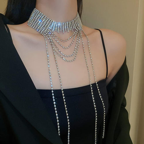 Missgrace Rhinestones Tassels Long Choker Necklaces Dainty Silver Luxurious Necklace Adjustable Rhinestones Pendant Necklaces Dainty Necklaces for...