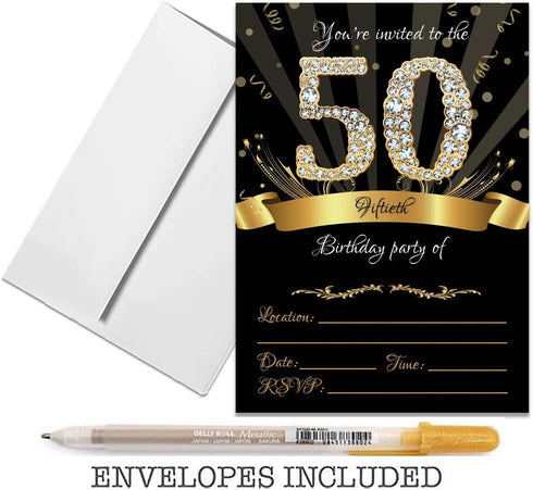 50th Birthday Party Invitations 5x7 Black & Gold Cards with Envelopes and Gold Metallic Pen (Pack of 25)...