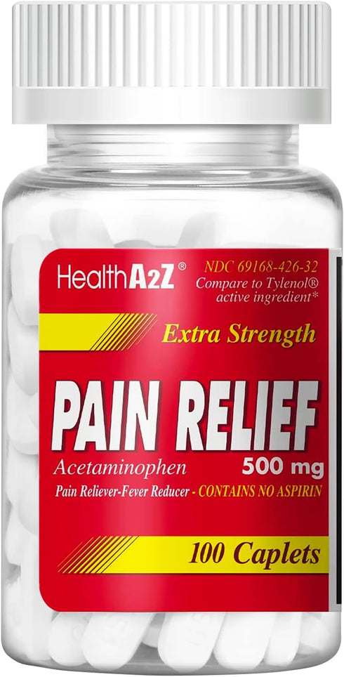 HealthA2Z® Extra Strength Pain Relief | Acetaminophen 500mg | Contains No Aspirin | Fever Reducer | Pain Reliever (100 Count (Pack of 1))...