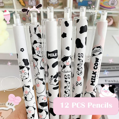 12 Pcs Cute Cow Pen, 0.5mm Black Retractable Gel Ink Pens, Cartoon Gel Ink Pens Set, Cow Print Pens Kawaii for Office School Supplies, Gifts for B...