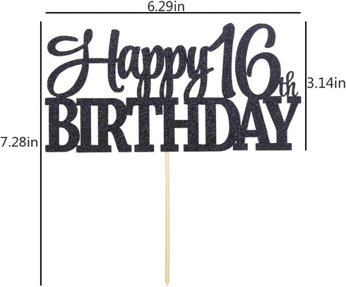 PALASASA Black Glitter Happy 16th Birthday cake topper - 16 Anniversary Party Decoration (16th)...