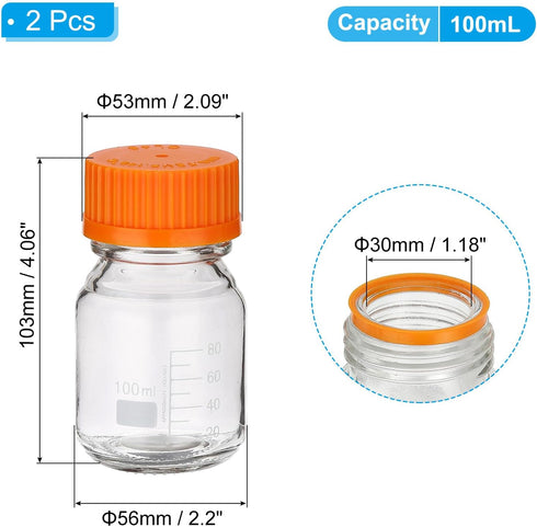 PATIKIL 2 Pack Reagent Media Storage Bottles, 100ml Borosilicate Glass Graduated Round Bottles with Orange GL32 Screw Cap for Lab Water Reagent Li...