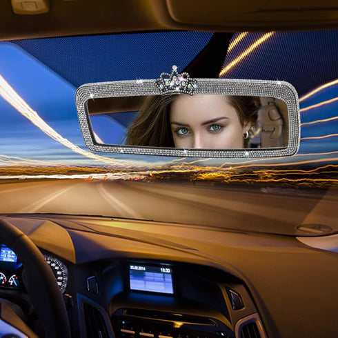 Bling Rhinestone Rear View Mirror Cover, Car Rear View Mirror with Crystal Diamonds Bling Rhinestones Car Rear View Mirror Car Interior Trim(White...