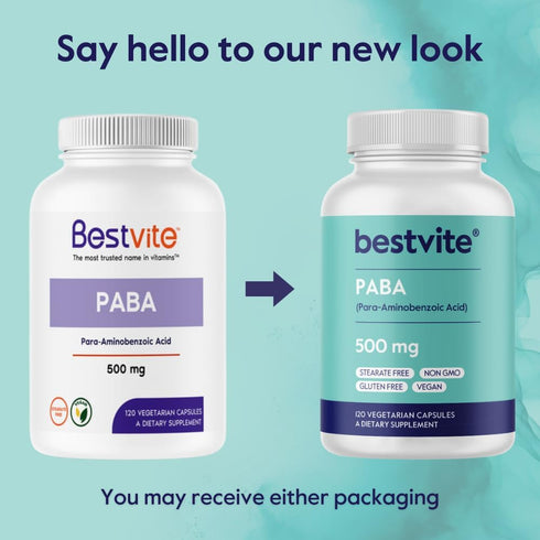 BESTVITE PABA 500mg (120 Vegetarian Capsules) (Para-Aminobenzoic Acid) - No Stearates - Vegan - Non GMO - Gluten Free...
