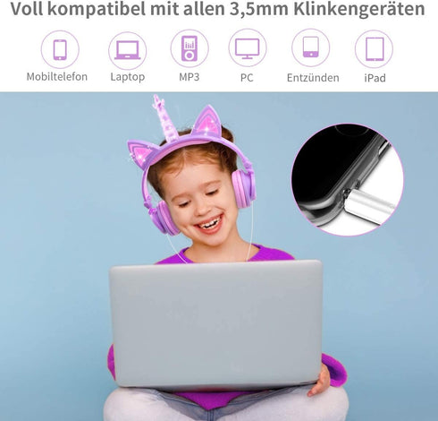 LOBKIN Unicorn Headphones Children, Cat Ear Headphones with Glowing LED, 85db Volume Limiter, Foldable Lightweight Children's Headphones with Micr...