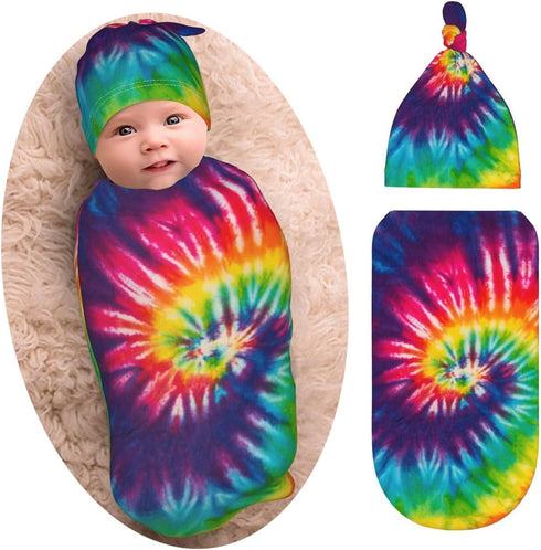 Tie Dye Colorful Rainbow Newborn Swaddle Blankets Beanie Hat Sets Soft and Stretchy Baby Blanket Swaddle Sack for Baby Shower Infant Boy and Girl...