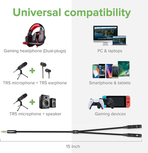3.5mm Mic and Headphone Jack Splitter, Audio Y Splitter Adapter Extension Cable for Gaming PC, PS5, PS4, Xbox Series X, One S, Tablet, Mobile, Gam...