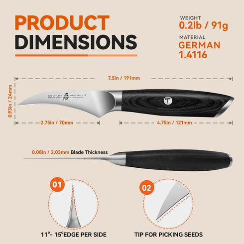 TUO Bird Beak Paring Knife, 2.75" Curved Paring Knife, Ultra Sharp Small Peeling knives with Riveted Ergonomic Pakkawood Handle, High Carbon Germa...