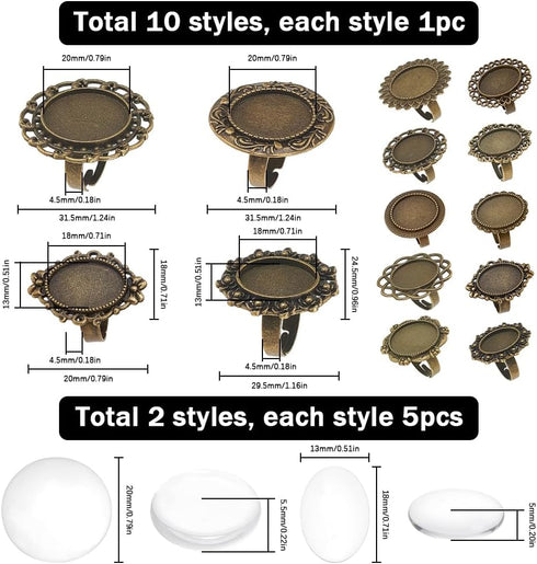 SUNNYCLUE 10 Sets Cabochon Ring Blanks Cabochon Ring Setting Adjustable Ring Settings Oval Adjustable Ring Blank Finger Ring Blanks Glass Cabochon...