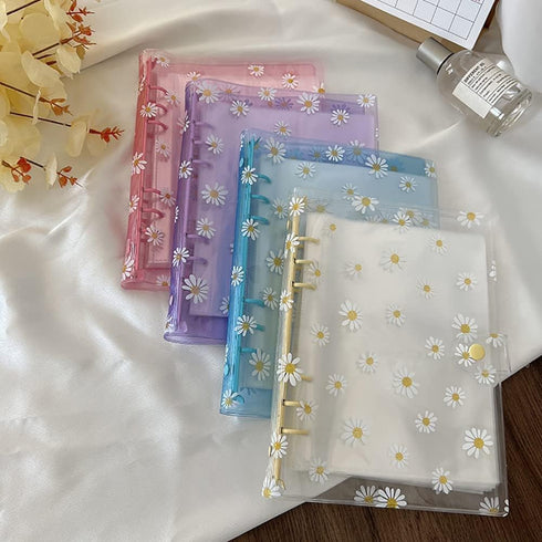 Blue A6 6 Holes Transparent Daisy PVC Binder Cover Loose Leaf Sheet Protector Round Ring View Binder Notebook Planner Folder with Snap Button Clos...