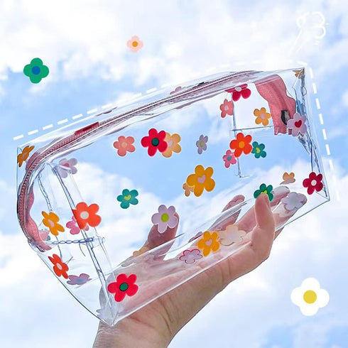 Cute makeup bag, transparent portable makeup bag, waterproof toiletries storage bag, large capacity pen bag (Colorful flowers)...