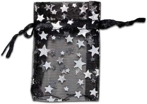 100-Pack 2x2.5 Sheer Organza Drawstring Gift Bags (X-Small) - Metallic Stars (Black/Silver) - Wedding Party Favors, Jewelry, Candy, Treats Mesh Po...