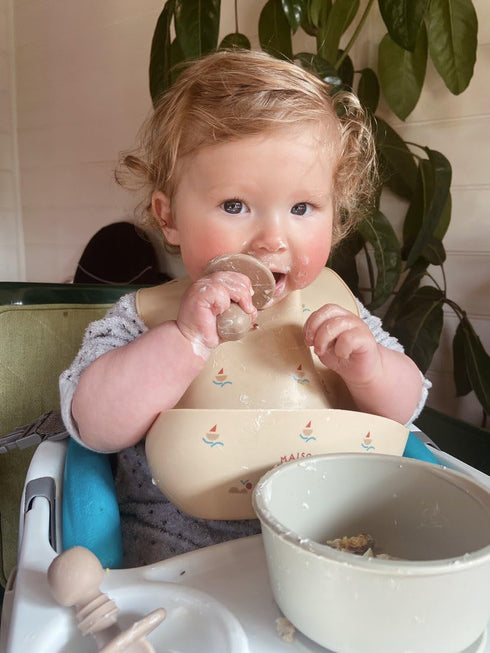 Silicone Baby Bib Adjustable Fit & Waterproof - Baby & Toddler Feeding Bib - Maison Rue Boat Print...