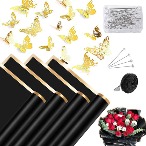 20 Sheets Black Flower Wrapping Paper, Waterproof Florist Bouquet Packaging Paper with Satin Ribbon,3D Butterflies,Flower Pins, Gold Edge Floral W...
