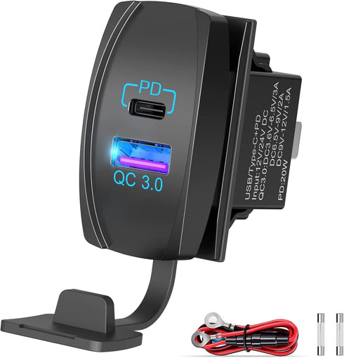Rocker Switch USB Charger Qidoe 18W Quick Charger 3.0 and PD 20W with LED Rocker Dwitch USB Port Charger for RV,Boat, Marine, Truck, Utv......