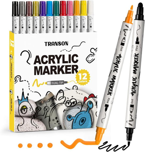 TRANSON 12 Color Dual-tip Acrylic Paint Pen Set for Canvas Rock Wood Leather Ceramic DIY Painting...
