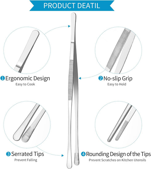 2 Pcs 12-Inch kitchen tweezers, Fine tweezer tongs with precision serrated tips, Professional Extra-Long stainless steel cooking tweezers tongs, T...