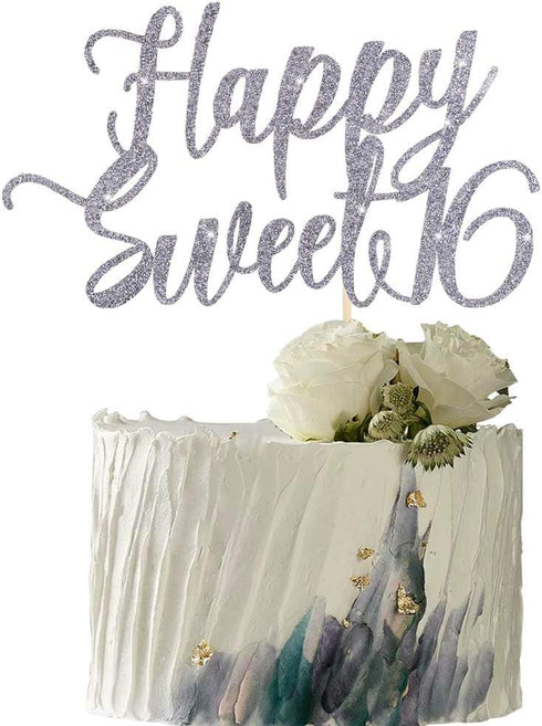 Happy Sweet 16 Cake Topper -Cheers to 16 Year - Happy 16th Birthday Cake Topper- Sweet Sixteen /16th Wedding Anniversary Party Decoration (Silver)...