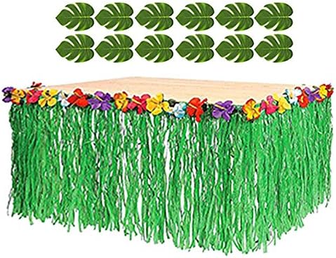 Tytroy 9ft Reusable Green Grass Hibiscus Flowers Hawaiian Luau Table Skirt Set with Bonus 12 Green Tropical Palm Leaves Perfect for Tropical Theme...