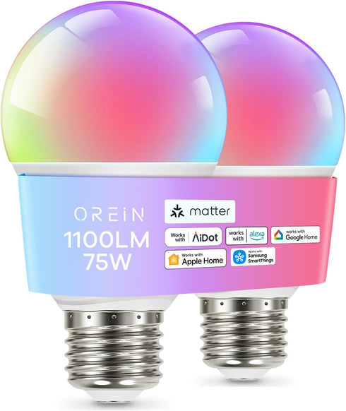 OREiN Matter Smart RGBTW Bulb, 1100 Lumens 75W Equivalent Smart Light Bulbs, Color Changing Light Bulbs Work with Apple Home, Alexa, Google Home, ...