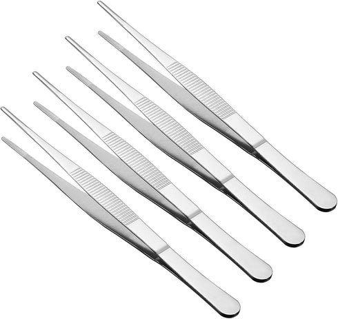 Tweezers, 200mm Length, Stainless Steel Straight Blunt Serrated Tip Tweezer - (Applications: for Mechanical Equipment Product Repair), 4-Pieces...