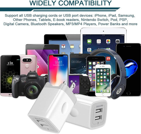 USB Wall Charger, Foldable Charger Adapter, AILKIN 2Pack 2.4Amp Dual Port Quick Charger Plug Cube AC Travel Box for iPhone 15 14 Pro Max 13 12 11P...