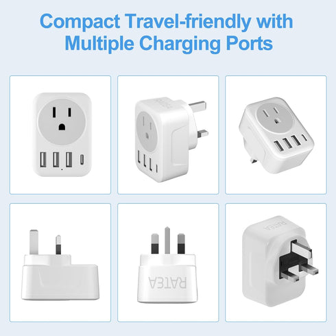 UK Ireland Travel Plug Adapter, RATEA Type G Power Adaptor with 3 USB-A, 1 USB-C Outlet Charger for US to Scotland London England British Irish Ke...