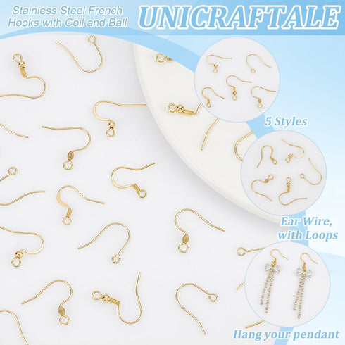 UNICRAFTALE about 150Pcs 5 Styles Stainless Steel Earring Hooks Real 18K Gold Plated Ear Wire with Loops Earwire Hooks Metal Earring Hooks with Co...