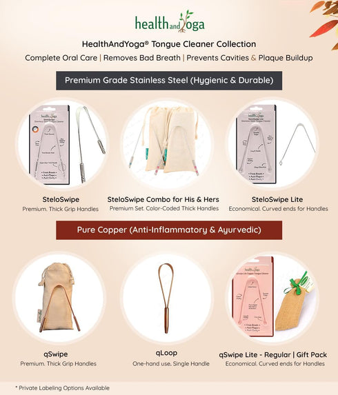 HealthAndYoga™ qSwipe Copper Tongue Cleaner Scraper - Hygienic, Non-Synthetic Grip – Tongue Brush Cleaner (Copper - 2-Pack)...