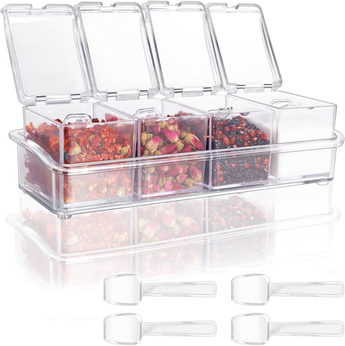 Clear Seasoning Box 4 PCS/Set, Acrylic Seasoning Rack Seasoning Storage Container Condiment Jar Spice Box Spice Jar Spice Pot Spice Rack with Spoo...