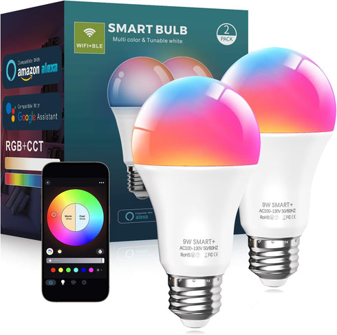 Smart Light Bulbs, 9W A19 E26 800LM WiFi Bluetooth LED Bulbs Compatible with Alexa, Google Assistant & Home, 16 Million Colors Music Sync Color Ch...