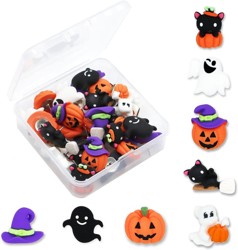 Halloween Push Pins,32 Pcs Decorative Push Pins for Bulletin Board Cute Push Pins Pumpkin Ghost Black Cat Witch Hat Thumb Tacks for Wall Photo Map...