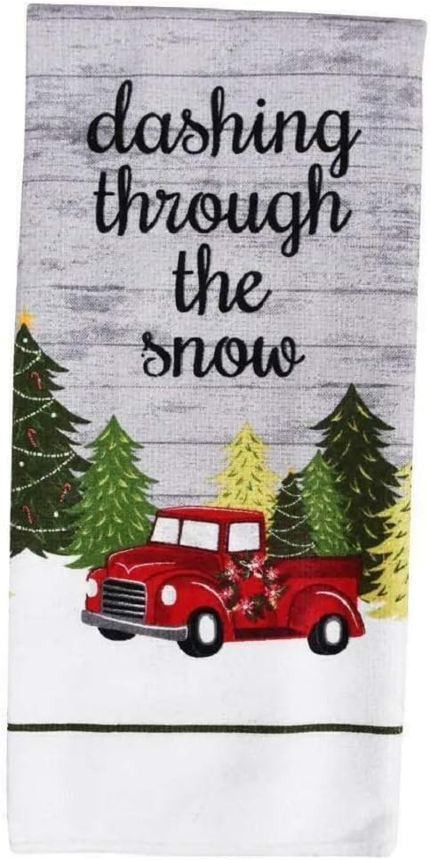 Greenbrier Set of 2 Christmas Dashing Through The Snow Microfiber Kitchen Towels, 15x25 in Red Truck Dishcloths Tea...