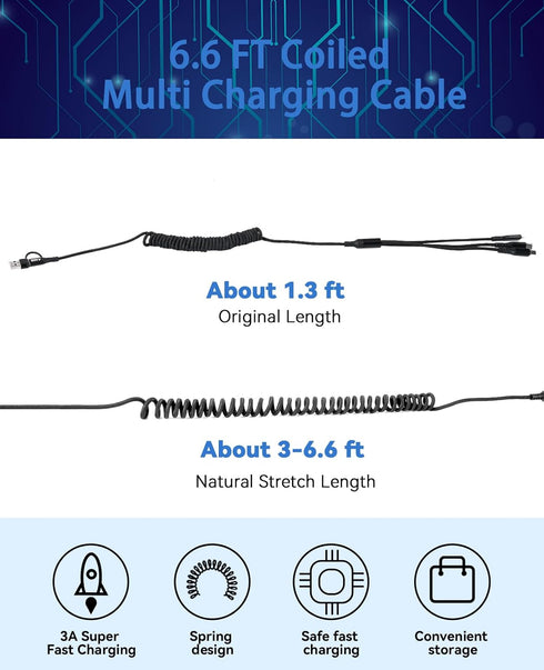 2Pack 6.6ft Multi Charging Cable, 6 in 1 Coiled USB A/C to Phone/USB C/Micro USB Cord for Car, Coiled Universal Multiple USB Charger Cable Compati...