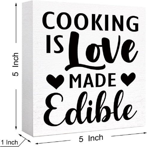 Kitchen Wood Box Signs,Cooking is Love Made Edible Kitchen Wood Block Signs with Sayings for Kitchen Table Decor,Funny Kitchen Sign Decor for Shel...