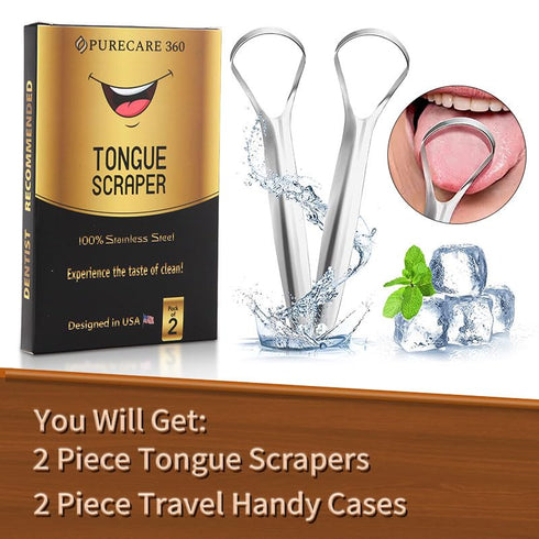 PURECARE 36O Tongue Scraper for Adults. 2 Pack Curved Head, Travel Case. Best Easy to Use Stainless Steel Tongue Cleaner. Top Scrubber for Oral Hy...
