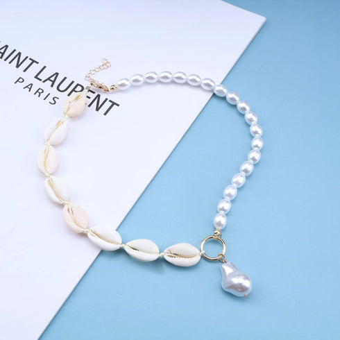 Bohemia Shell Choker Necklace Pearl Beaded Clavicle Necklace Baroque Pearl Pendant Necklace Cowrie Shell Necklace Choker Jewelry for Women and Gir...