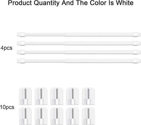 Jetec 4 Pieces Extendable Curtain Rod Cupboard Bars Tensions Adjustable Plastic Curtain Rod with 10 Pieces Self Adhesive Hooks for Home Bathroom H...