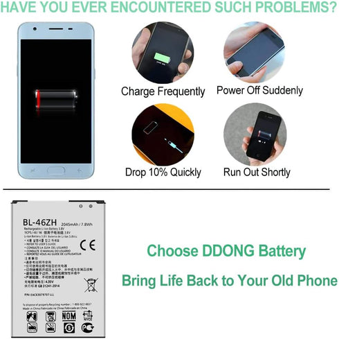 DDONG BL-46ZH Battery for LG Leon Tribute 2 K7 LS675 D213 H340 L33 X210 Replacement Battery...
