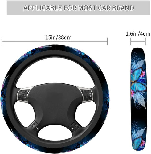 Swono Butterfly and Flower Universal 15" Steering Wheel Covers Abstract Blue Butterfly and Pink Flower Cute Car Steering Wheel Cover for Men Women...