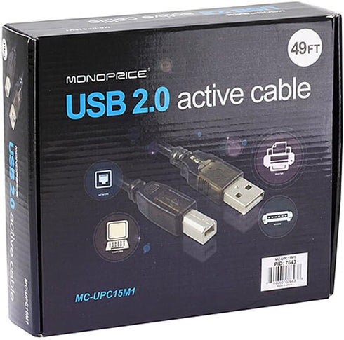 Monoprice USB 2.0 Extension Cable - USB Type-A to USB Type-B, Male to Male, Active, 28/24AWG, 49 Feet, Black...