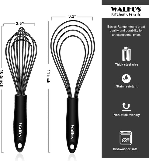 Walfos Whisk 11inch Flat Whisks and 10inch Balloon Whisk Combo,Silicone whisks for cooking,Non Scratch Coated Wisk,Suitable for Ceramic Coated pan...