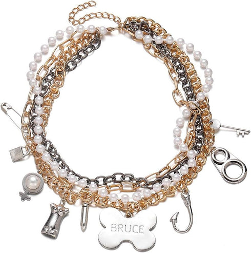 Cosplay Costume Accessories Gold Layered Chain Choker Multi Charm Pendant Pearl Chain Bruce Necklace for Women...