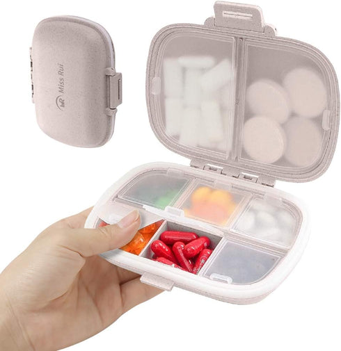 Travel Pill Organizer, Portable 8 Compartments Small Pill Case Daily Pill Box to Hold Vitamins, Cod Liver Oil, Medicine for Pocket Purse (Beige)...