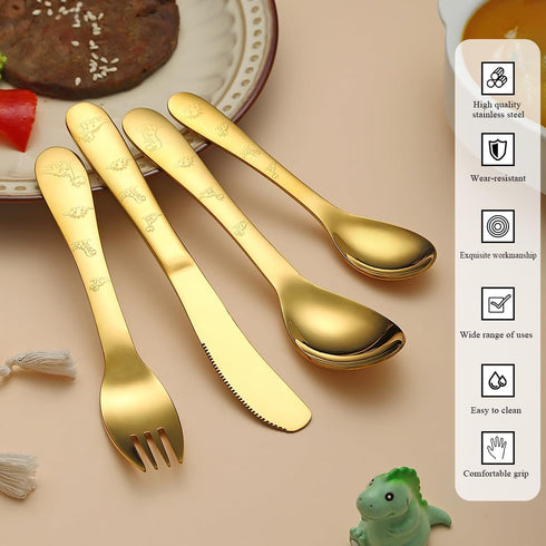 Gold Toddler Utensils, Gold Titanium Coated 4 Pieces Stainless Steel Toddler silverware set, Kids Utensils Forks and Spoons, Mirror Polished Smoot...